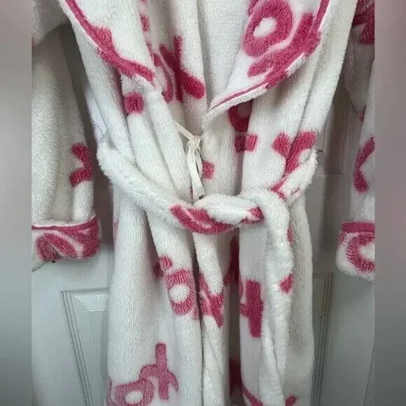 Betsey Johnson XOX soft plush belted robe, white/pink, size S - Picture 6 of 9